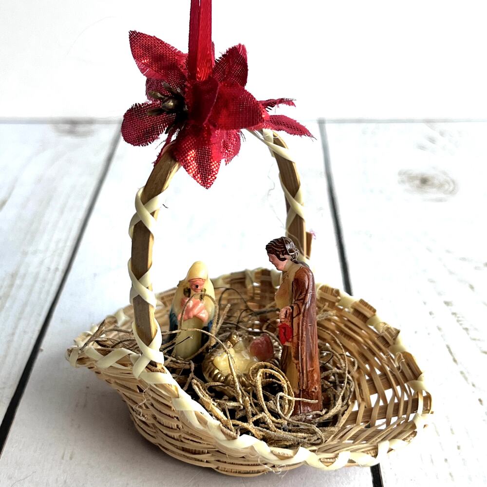 VTG 1960s Miniature Nativity Scene Ornament Basket Hong Kong Jesus Holy Family